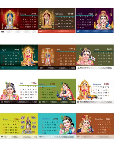 2026 Table Calendar and planner with holidays  – 13 Sheets front & back 250 GSM 12 Murugan photo, 15cmx22cm size with stand
